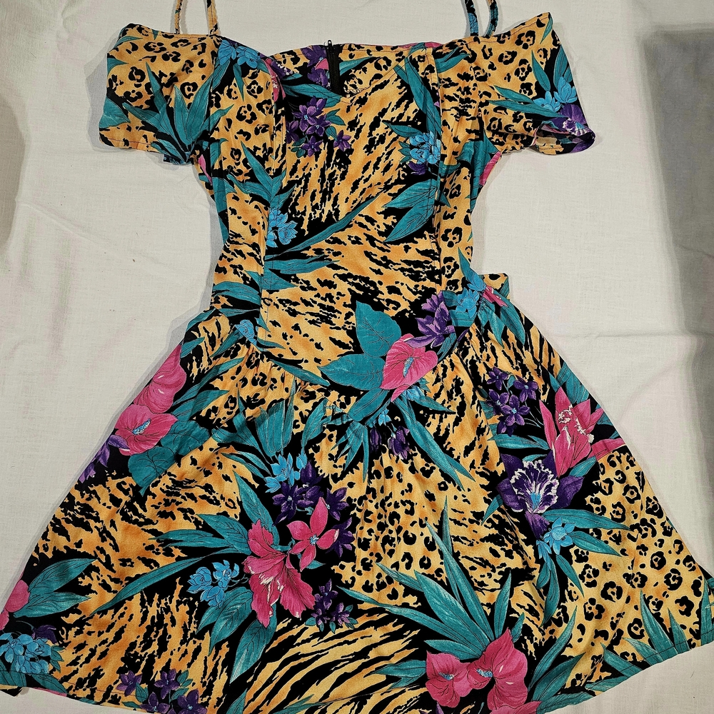 Vibrant 80s 90s Era Tropical Off-Shoulder Dress